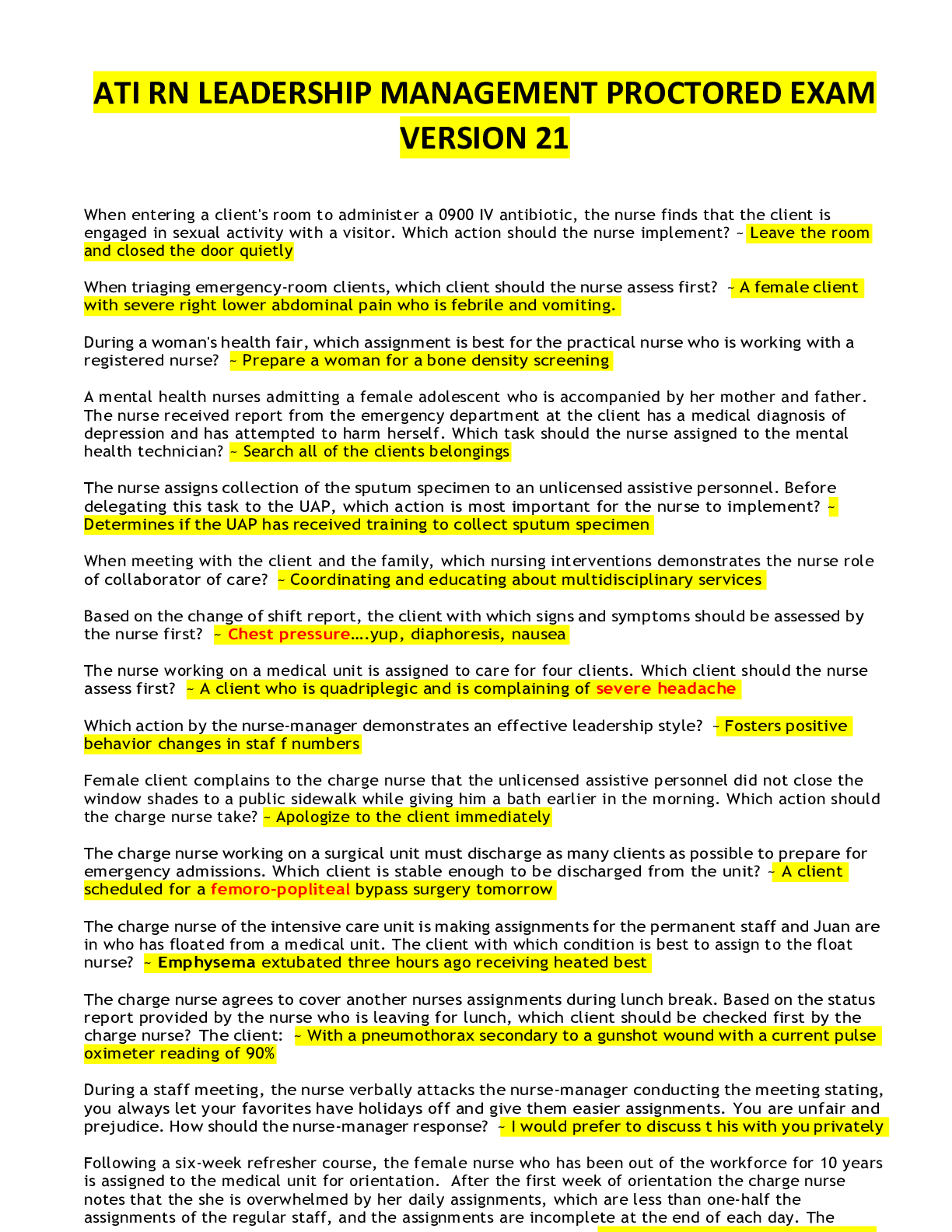 ATI RN Leadership Management Proctored Exam Version 21 Complete Questions & Answers with